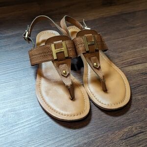 Tommy Hilfiger Brown Logo Low Wedge Sandals Sz 8.5